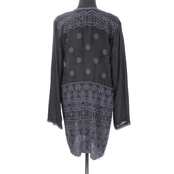 Johnny Was Black Floral Embroidered Eyelet Long Sleeve Mini Dress M Sheer Tunic - Picture 5 of 7